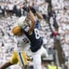 Penn State wide receiver Dan Chisena (88) attempts to haul in a pass as Pittsburgh defensive back Damarri Mathis (21) defends in the third quarter of an NCAA college football game in State College, Pa., on Saturday, Sept. 14, 2019. (AP Photo/Barry Reeger)