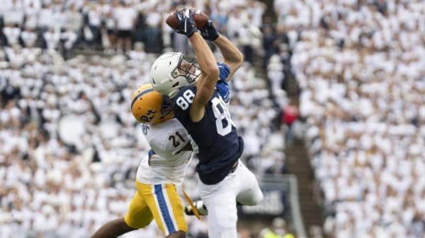 Penn State wide receiver Dan Chisena (88) attempts to haul in a pass as Pittsburgh defensive back Damarri Mathis (21) defends in the third quarter of an NCAA college football game in State College, Pa., on Saturday, Sept. 14, 2019. (AP Photo/Barry Reeger)