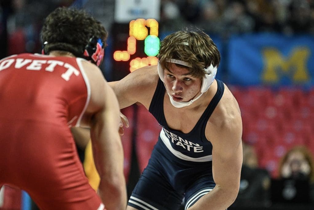 Penn State wrestling star Tyler Kasak wasn’t bleeding here but was against Iowa Friday, Jan. 31, 2025 at the Bryce Jordan Center.