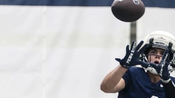 Penn State Football wide receiver Brett Eskildsen hauls in a pass during practice. Image courtesy of Brett Eskildsen's Instagram account.