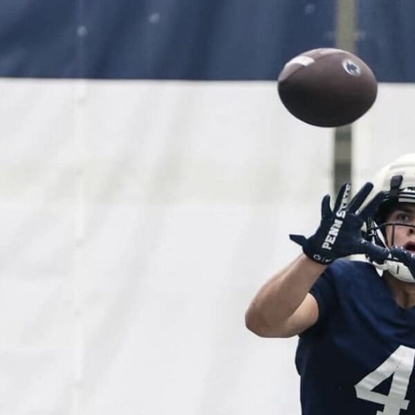 Penn State Football wide receiver Brett Eskildsen hauls in a pass during practice. Image courtesy of Brett Eskildsen's Instagram account.